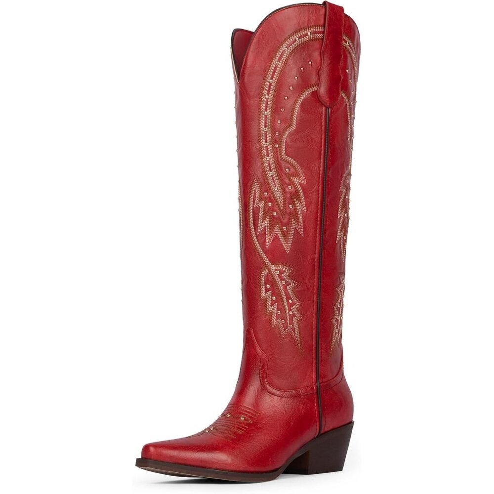 Women's Red Knee High Rhinestone Cowgirl Boots Pointed Toe Slip on Chunky Heel